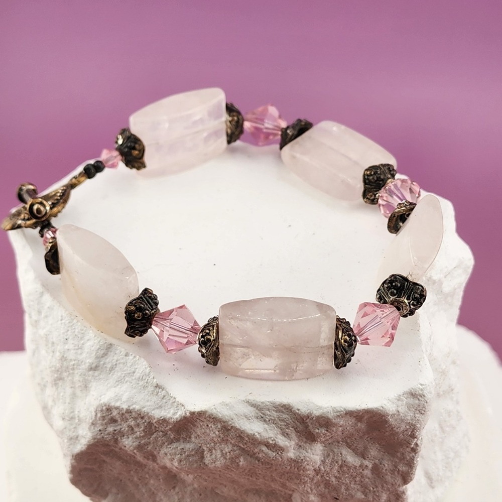 Rose Quartz Pink Crystal Antique Bronze Toggle Bracelet Boho Romantic Jewelry